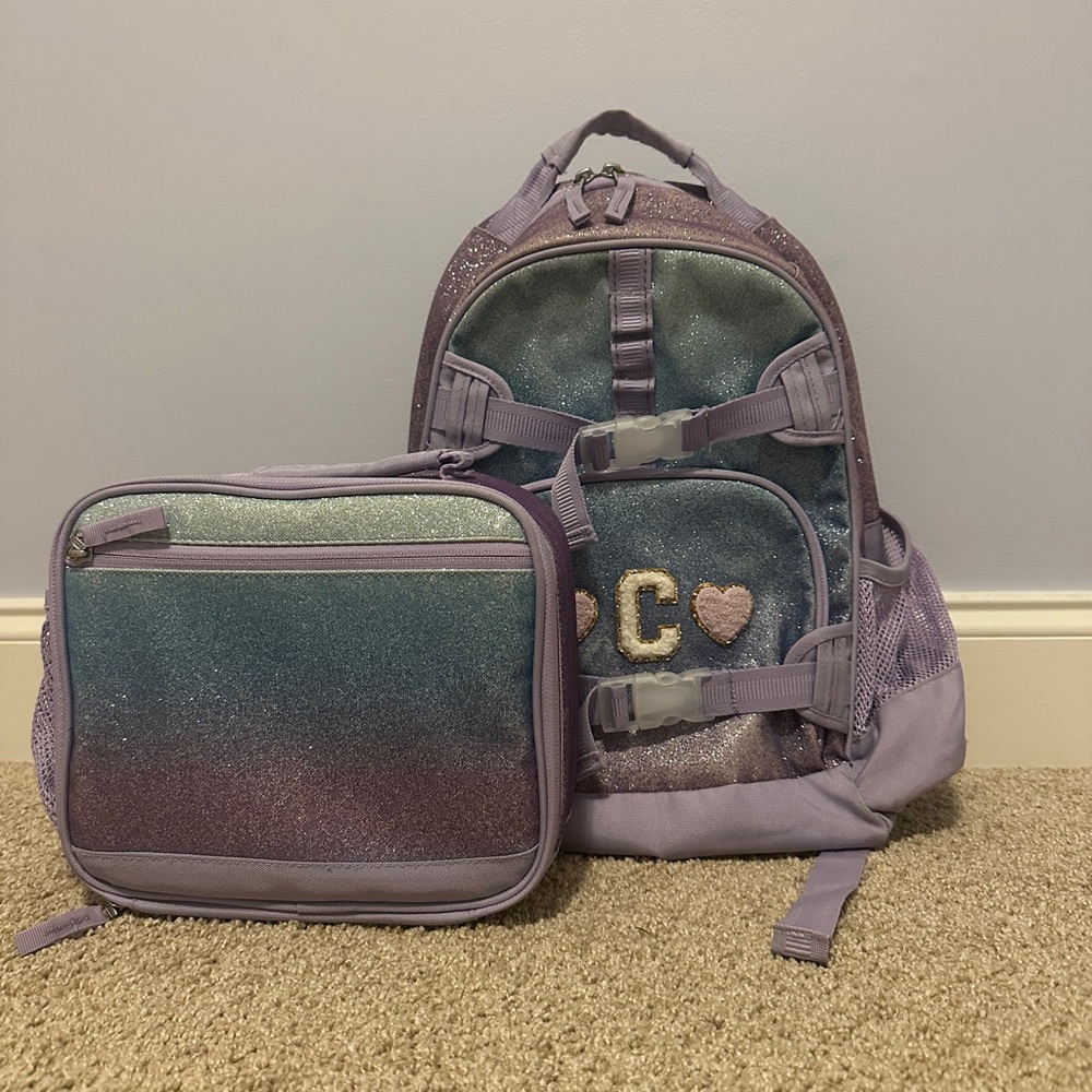 Pottery Barn Kids Purple and Blue Glitter Backpack Set